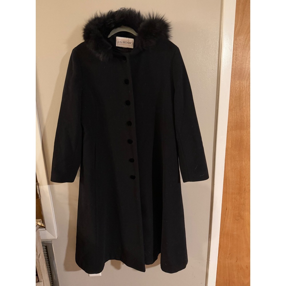 JG Hook Womens Black Wool Blend Long Coat Faux Fur Hooded Overcoat Vintage Style